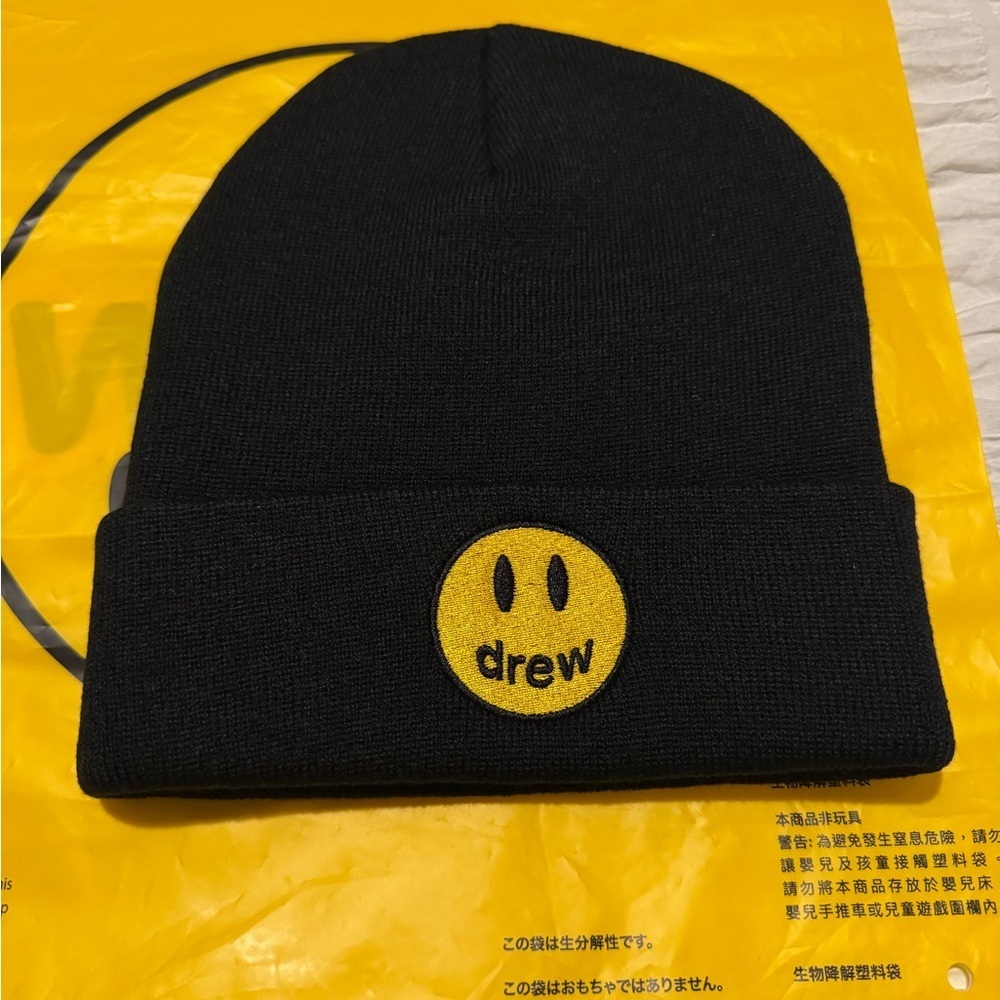 Drew Black Beanie with Yellow Smiley